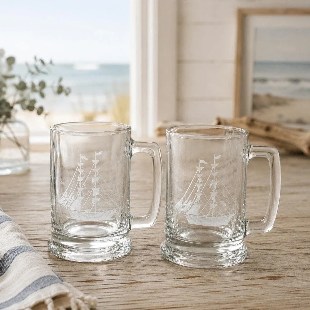 Vintage Toscany‎ Clipper Ship Etched Glass Beer Steins Set of 2 Nautical Barware